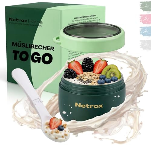 NetroxHome - Müslibecher To Go mit Löffel, Auslaufsicherer Joghurtbecher To Go aus Edelstahl, Lunchbox, Müslibecher - To Go Becher für Müsli, Joghurt, Porridge, Suppen - Müsli To Go Becher - Kinder