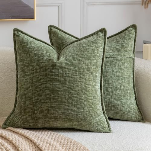 Madizz 2 Stück Dekorative Kissenbezüge aus Weichem Chenille, einfarbig, Mit Struktur, Für Couch, Sofa, Schlafzimmer und Wohnzimmer, 50x50 cm, Grün