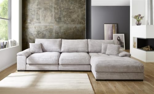 möbelando Polstergarnitur Anselm mit Ottomane rechts – Moderne Wohnlandschaft in Hellgrau, 323 cm breit, Cord-Bezug, inkl. 6 Kissen, ergonomischer Sitzkomfort, teilmontiert