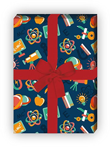 Wissenschafts Geschenkpapier Set (4 Bogen) / Dekorpapier mit Zirkel und Planeten, blau, um zauberhafte Geschenke noch schöner zu schenken 32 x 48cm