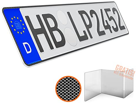 KFZ Kennzeichen 1 Stück 52cm x 11cm in Carbon Optik Nummernschild Auto 520mm x 110mm Wunschkennzeichen DIN Autokennzeichen Fahrradträger Anhänger LKW Wunschprägung amtliches Autoschild
