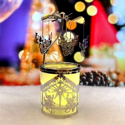 Portacandela rotante stile carosello con ciondoli a argentati angeli, placcatura argento decorazione natalizia per centrotavola e casa, regalo mamma, donne, mogli, compleanni, 16 cm di altezza (angelo