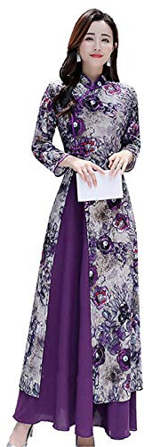 Chyoieya - Robe traditionnelle vietnamienne femme rétro Ao Dai élégante style chinois cheongsam florale festival mariage soirée qipao violet M
