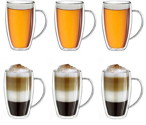 Creano doppelwandiges Thermoglas mit Henkel 400ml, großes Doppelwandglas aus Borosilikatglas, Kaffee-/Teeglas, 6x 400ml