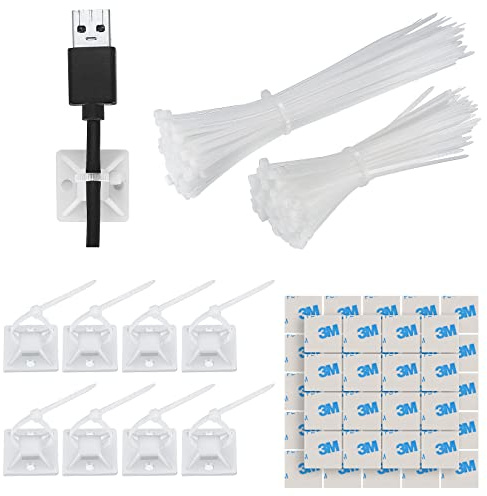 GOLDEROC 200 Pièces Serre-Câbles Plastique Blanc avec 100 Pièces Collier de Serrage Plastique, Attache Câble Adhésif, Auto Adhésif Supports Base pour la Maison et le Bureau | 200 serre-câbles (100/150 mm) et 100 supports de câbles, adhésif puissant, installation facile, idéal pour la gestion des