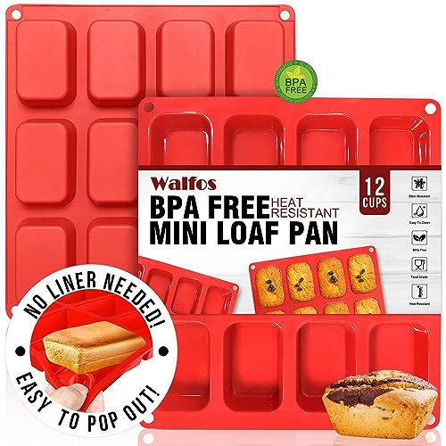 Walfos Silikon Mini Kastenform, 12-fach Mini-Brot-Pfanne Brownie-Pfanne, lebensmittelecht und antihaftbeschichtet, ideal für Brot, Brownie, Maisbrot, Käsekuchen und Schokolade, 2er-Set