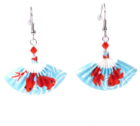Boucles d'oreilles éventails origami (Poissons sur fond bleu)