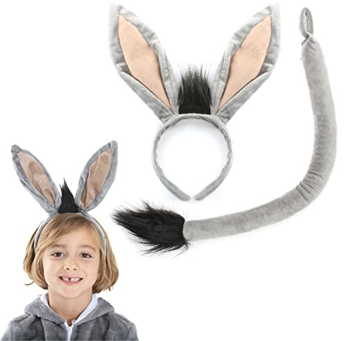 Eselsohren und -schwanz Kostüm-Set, 3 Stück, graue Eselsohren auf einem Haarreif und einem langen grauen Eselschwanz mit schwarzer Spitze, für Erwachsene und Kinder, Krippen-Kostüm-Zubehör-Set