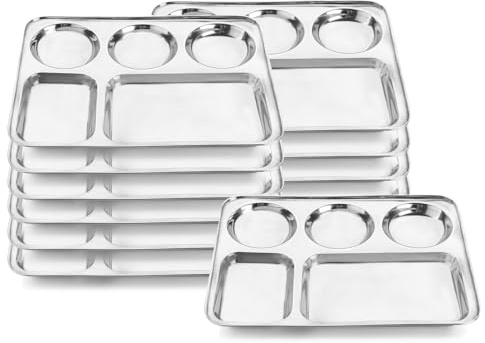 Kitchen kemistry Premium Stainless Steel Luxurious 5 in 1 Three Compartment Divided Dinner Plate/Partition Thali/Partition Plate -Set of 12