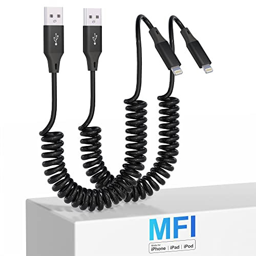 Lightning Spiralkabel 2Pack, Apple Carplay Kompatibel & MFi Zertifiziert, Apple Carplay Kabel mit Datensynchronisation, Kurzes iPhone Kabel für iPhone/Pad/Pod