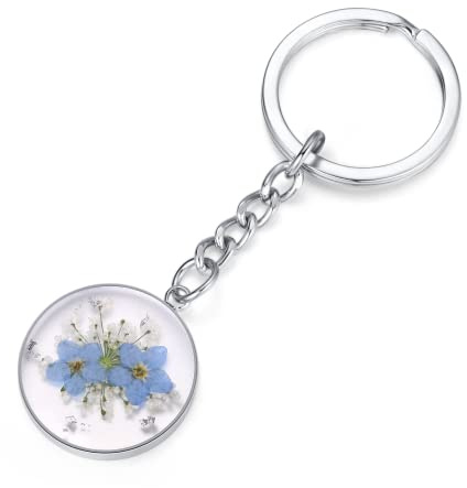 Vergissmeinnicht und Queen Anne's Lace Wildflower Schlüsselanhänger | Echte Blume handgemachter Schlüsselanhänger | Getrocknete gepresste Blumen Schlüsselanhänger Charms | abschiedsgeschenk