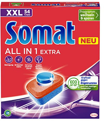 Somat All in 1 Extra Spülmaschinen Tabs (54 Tabs), Geschirrspül Tabs für strahlende Sauberkeit auch bei niedrigen Temperaturen, bekämpfen selbst verkrustete Rückstände