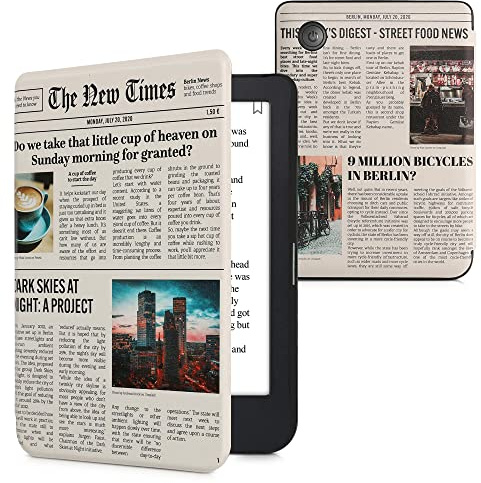 kwmobile Schutzhülle für Kobo Clara 2E / Tolino Shine 4 Hülle - eReader Flip Case mit Auto Sleep Funktion - Newspaper mit Mehrfarbig Schwarz Sand