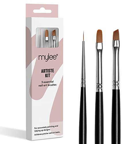 Mylee Artiste Nail Brush Kit, 3x Brushes Design for Gel Nail Art & Polish Application, Oval, Angled, Fine, Professional Quality Manicure Painting Tool, Liner Drawing Pen, for Home & Salon Use