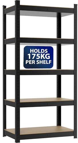 ZENO Garage Shelving - 5 Tier | Garage Shelving Unit | Heavy Duty Warehouse Racking Shelves | Metal Shelving Units | Industrial Racking | Holds 175KG Per Tier (Black, Large)