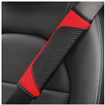 JNNJ 2PCS Car Seat Belt Cover, Carbon Fiber Safety Seatbelt Shoulder Strap Covers, Breathable Leather Soft Harness Pad Protect Your Neck and Shoulder Compatible with Cars(Red)