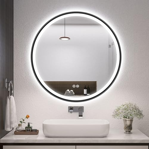 S'bagno Badspiegel mit Beleuchtung 60cm, Schwarz Aluminiumrahmen | Spiegel Rund mit Beleuchtung, Entfoggen, 3000-6500K, HD-Gehärtetes Glas, IP44 Bad Spiegel mit Licht Memory-Funktion