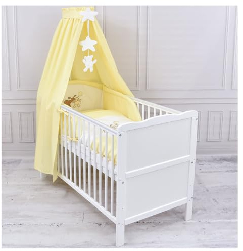 Generisch Baby Delux Babybett Komplett Set 9-TLG Kinderbett umbaubar zum Juniorbett 70x140 Matratze Jack Bettset Vollstoffhimmel (Esel gelb)