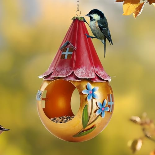 Muldale Solar Bird Feeder Hanging - Copper Weather Resistant Garden Ornament - Decorative Novelty Outdoor Bird Feeders for Wren Robin Blue Tit - Gift Boxed with Hook 25cm