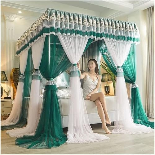 GLMGBP 4 Ecken Pfosten-Himmelbett-Vorhang, Prinzessin, bestickte Spitze, Rüschen, Betthimmel, Betthimmel-Vorhang für Mädchen und Erwachsene, Doppellagiges, durchsichtiges Mesh-Moskitonetz