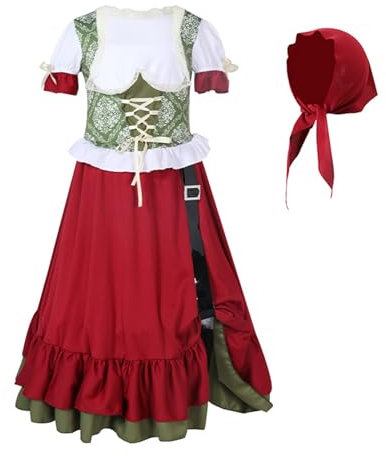 Kinderfestlicher Outfit mit grün-rot dekoriertem weißem Bluse, rote Rock mit grünem Gürtel und rote Kopftuch - Mittelalterliche Eleganz für jeden Kinderbiergartenfest (Red, 4-6 Years)