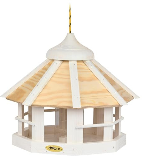 dobar® Vogelhaus Schneeflocke 8-Eck hängend mit Futtersilo - Vogelfutterhaus aus Holz 40 x 40 x 33 cm - Weiß
