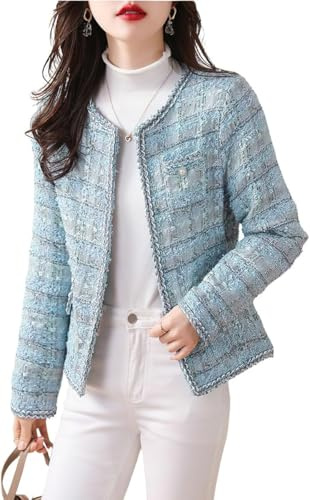 Suncadmious Cardigan Elegante da Donna in Tweed Giacca da Lavoro Casual da Ufficio Cardigan Corto Top Giacca da Abito da Lavoro Casual abbottonata Senza Colletto Sottile