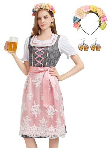 Hislovy Femme Robe Oktoberfest Halloween Oktoberfest Costume Bière Allemand Dirndl Robe pour Carnaval Bavarois (Gris, M)