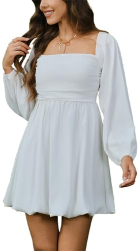 HYPERFIRE Women's Square Neck Long Sleeve Bubble Mini Dress Pleated Smocked A Line Wedding Dresses White X-Small