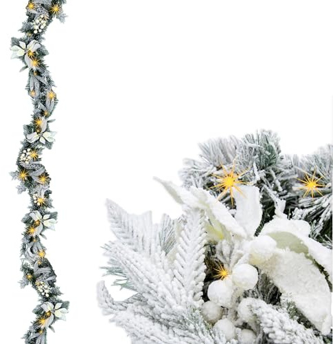 LED Tannengirlande mit Schnee und Blumen warm weiß beleuchtet - 183 cm mit 35 LED - Weihnachtsgirlande Batterie betrieben mit Timer - Deko Beleuchtung Kunst Tanne Girlande für Weihnachten Advent