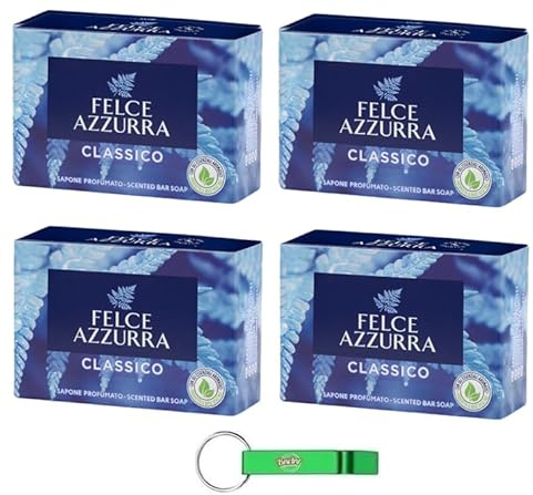 4 saponi Felce Azzurra Sapone Solido Classico – Sapone Solido con profumo inconfondibile – Ideale per mani e viso 100 g + Portachiavi Beni Culinari