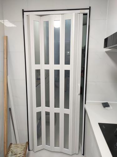 Schiebetür Falttür falttüren innentüren Badezimmer PVC Akkordeon Falttür, Interne Raumteiler Schiebetür Mit Transparenten/ Milchigen Glasscheiben, 50-200 CM Breite Küchentür Falttür(Clear,WxH 35x80in(