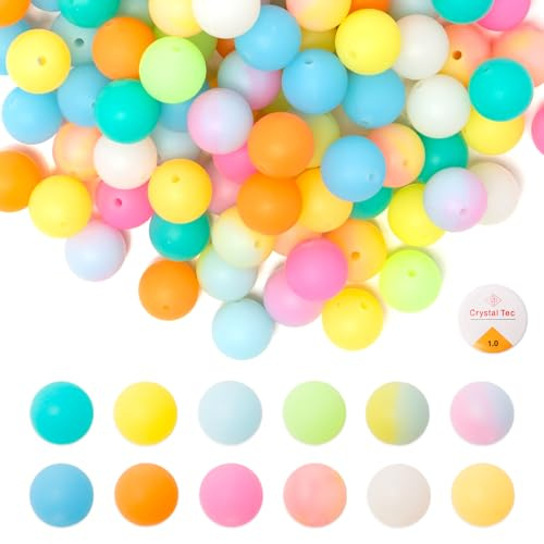 Bofanze Lot de 120 Perles de Silicone Lumineuses de 15mm - 12 couleurs - Perles Rondes Colorées,Fabrication de Bijoux,perles D'espacement en Vrac pour les bracelets, les colliers et les porte-clés