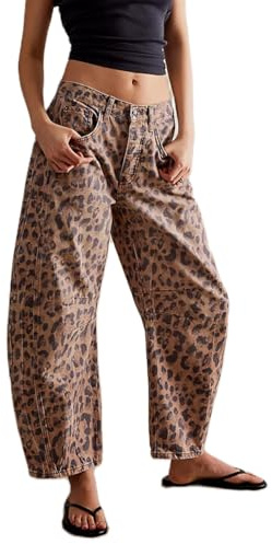 Y2k Leopard Printed Wide Leg Baggy Jeans - Loose Fit Mid Rise Denim Pants with Horseshoe Design