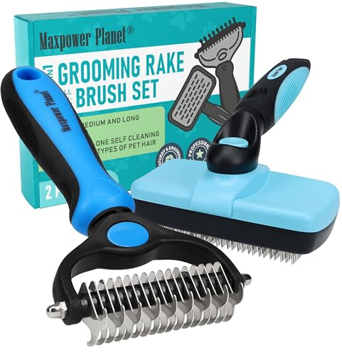 Maxpower Planet Dog Rake and Dog Hair Brush - Gently Removes Loose Undercoat, Mats and Tangled - Deshedding Grooming Tool for Dogs & Cats - Self Cleaning Slicker Brush - All Hair Types