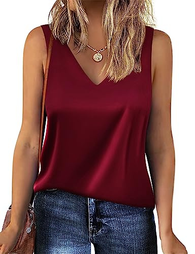 Zeagoo Canotta da donna in raso, senza maniche, basic cami, estiva, casual, con scollo a V, rosso vivo, M