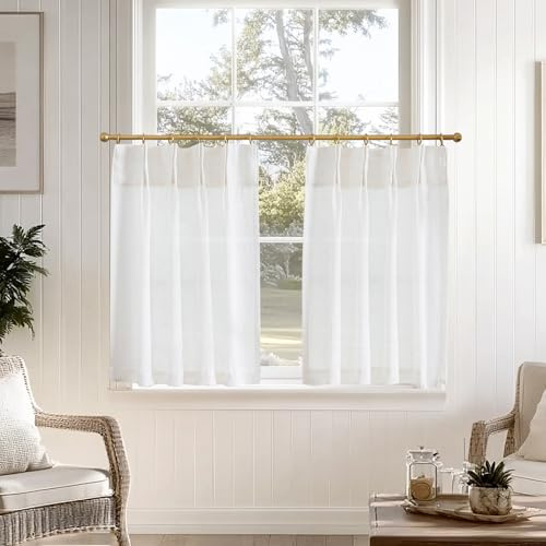 TOPICK Scheibengardinen Leinenoptik Bistrogardinen 2er Set H90xB65 Weiß | Scheibengardinen mit kräuselband Küchengardinen Wohnzimmer bistrogardinen schiebegardinen Lichtdurchlässig Gardinen Kurz