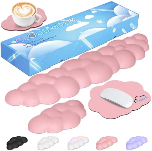JIKIOU Cloud Wrist Rest Keyboard & Mouse Pad Set PU Leather Memory Foam | Ergonomic Wrist Rest 4-in-1 Set, Cute Savior of Wrist Pain, Anti-Slip PU Base, Waterproof, Fits Most Keyboards & Mice