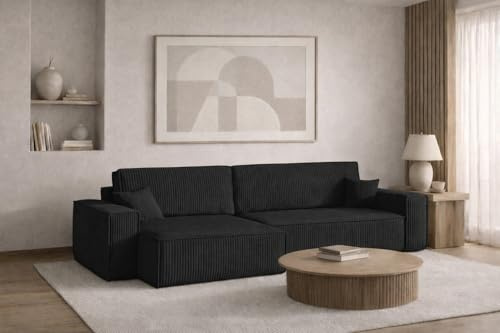 Kaiser Möbel - Ecksofa mit Schlaffunktion und Bettkasten, Schlafsofa mit Bettzeugbehälter, Wohnlandschaft L-Form, Klappsofa, Cord Stoff, Bequemes Couch für Wohnzimmer, Best XL, Schwarz, Links