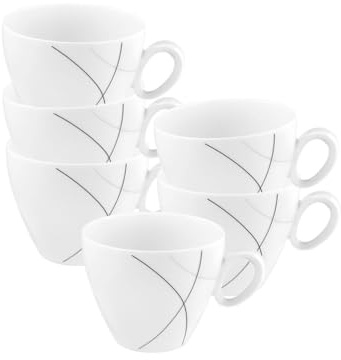Seltmann Weiden Trio Highline Kaffeetassen 6er Set, 230 ml, Kaffeeobertassen mit schwarz-grauen Linien, Spülmaschinen- und Mikrowellenfest, Porzellan, Weiß