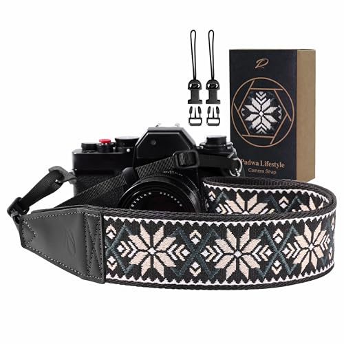 Padwa Lifestyle Kameragurt - 2“ Vollnarbenleder Kameragurte für Fotografen, Bestickt Baumwollgewebe weiches Wildleder Stoff gepolstert Riemen Schnellspanner passt alle Kameras - Rautenblumen
