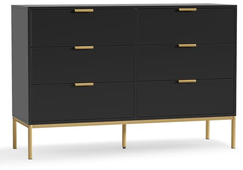 Skokliz Kommode mit 6 Schubladen 120 cm, Komodenschrank Sideboard Schubladenschrank mit Viel Stauraum, Aufbewahrungsschrank in Schwarz, für Schlafzimmer, Wohnzimmer, 120 x 40 x 81 cm