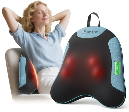 COMFIER Cordless Back Massager for Pain Relief, Back Support Cushion with Heat, Shiatsu Neck and Shoulder Massage Pillow, Rechargeable & Portable for Office, Home Use, BirthdayGifts for Women