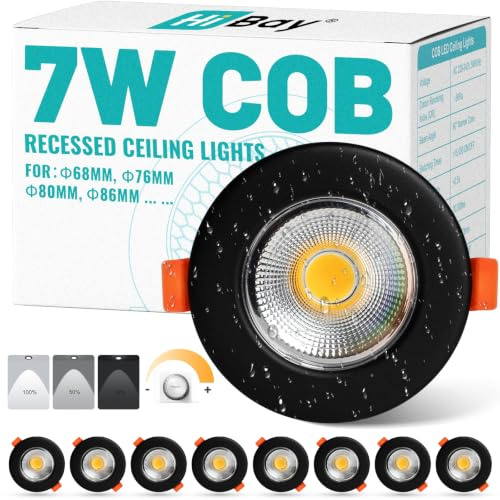HiBay 8er Einbaustrahler LED COB Dimmbar 7W LED Spot Schwarz Matt 65-85mm Lochmaß Deckenspots Warmweiß 3000K 600LM für Schlafzimmer Wohnzimmer Küche