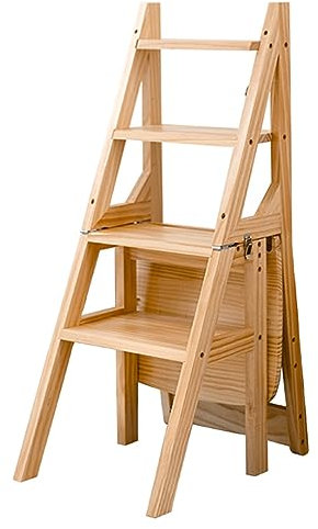 Klappbarer Bibliotheksleiterstuhl aus Holz, 4-stufige Bibliotheksleiter, umwandelbarer Klappstuhl, Tritthocker, Ausstellungsständer für Erwachsene, Büro, Zuhause, Küche, Außenbereich (Farbe: Log Col