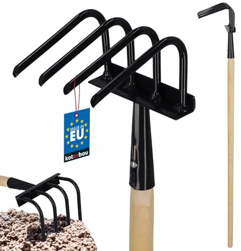 KOTARBAU® Azada de jardín de 4 dientes con mango de madera, 120 cm, azada para deshierbar, de acero, para aflojar el suelo, rastrillo para jardín, herramienta de jardín, aflojar y airear con garras