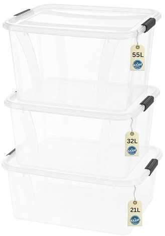 HLKauf Aufbewahrungsboxen 3er Set mit Deckel 21L 32L 55L Plastik Boxen Klickverschluss Stapelboxen Lebensmittelecht Transparent Haushalt Block