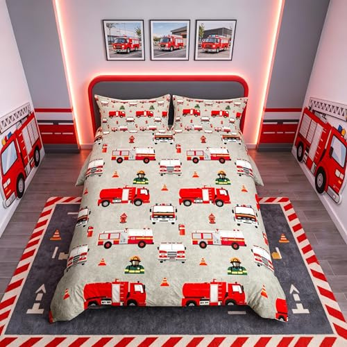 Loussiesd Kids Fireman Bedding Set Boys Fire Engine Firefighter Duvet Cover Red Fire Truck Vehicle Bedding & Linen for Girls Child Teens Bedding & Linen Junior/Cot Bed Size With 1 Pillow Case
