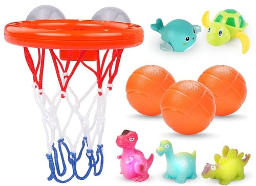 Exciting Bath Toy Set with Colorful Basketball Hoop & 3 Balls, Light-Up Floating Dinosaurs, Wind-Up Whale and Turtle — Ideal for Indoor and Outdoor Play, Ages 3 and Up