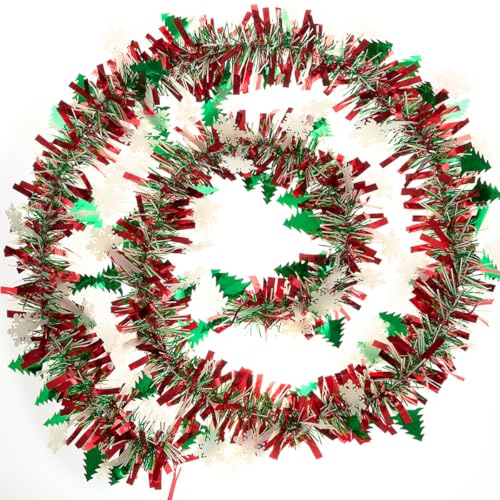 Christmas Party Decoration Tinsel Garland : 10M Green Red and White Metallic Xmas Tinsel for Xmas Tree Wreath Decoration